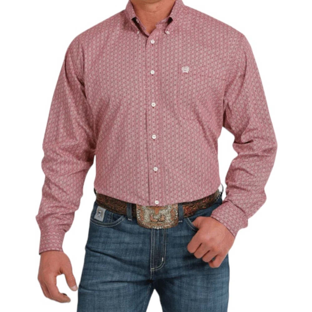 🌟NWOT🌟 Cinch Geometric Print Burgundy/White Long Sleeve Button Down Shirt